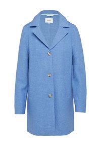 Cappotto in misto lana blu chiaro con colletto a rever, chiusura con un solo bottone, due tasche frontali e vestibilità comoda.