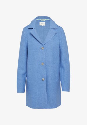 Lichtblauwe wollen blend jas met een reverskraag, enkele knoopsluiting, twee voorzakken en een relaxte pasvorm.