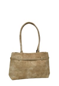 Bolso tote de ante beige con asas largas, base plana y una correa simple en la parte frontal. Textura suave con un ligero brillo.