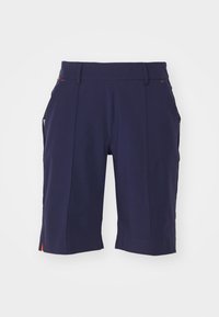 Pantaloni scurți bleumarin cu o textură netedă, având două buzunare laterale și accente portocalii lângă tiv. Design tăiat cu o croială dreaptă.