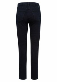 Donkerblauwe jeans met een rechte pijp, voorzien van een klassieke vijf-pocket ontwer, riemlussen en een soepele textuur. Achteraanzicht weergegeven.