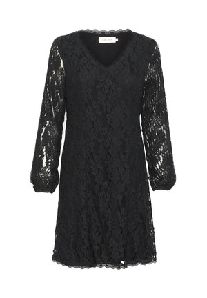 Schwarzes Spitzenkleid mit langen, durchsichtigen Ärmeln und einem V-Ausschnitt. Ausgestanzter Saum, florales Spitzenmuster im gesamten Kleid. Leichter Stoff.
