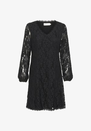 Robe en dentelle noire avec de longues manches transparentes et un décolleté en V. Détails à ourlet festonné, motif floral en dentelle sur toute la surface. Tissu léger.