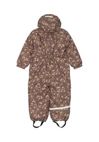 Combinaison de neige une pièce marron à motif floral, avec capuche à cordon, poignets élastiques et bande blanche réfléchissante sur le bas des jambes ; design isolant.