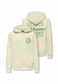 Kremastod žametni dreš s sprednjim žepom, ki vsebuje natisnjene race in besedilo na hrbtni in sprednji strani v zeleni barvi.