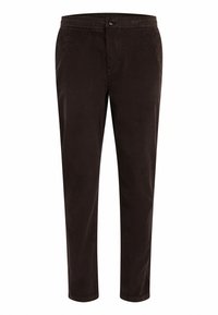 Pantalones de pana marrón oscuro con cintura elástica, cierre de botón y corte recto.