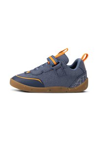 Child's navy blue sneaker with orange accents, Velcro strap, and gum sole, shown in side profile on white background.