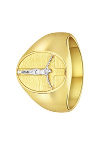 Gouden zegelring met een gestructureerd ovaal oppervlak en een zilveren kruisdetail. Gladde band met gepolijste afwerking.