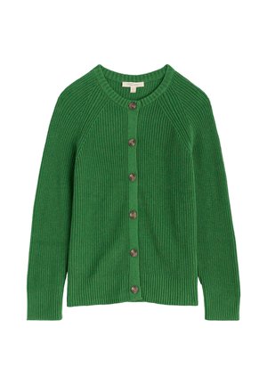 Zeleni pleteni cardigan s zaobljenim izrezom in raglan rokavi. Ima sprednje zapenjanje na gumb z rjavimi gumbi ter rebraste manšete in rob.
