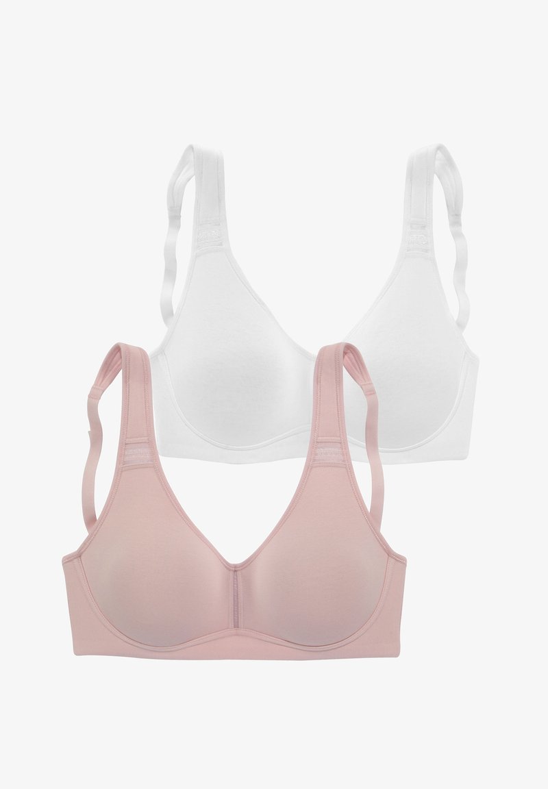 Two bras: one in white and one in light pink. Both have a seamless design with adjustable straps and a smooth finish.