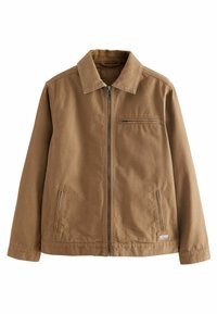 Giacca marrone con zip, colletto, due tasche laterali e una piccola tasca sul petto. Realizzata in tessuto resistente con una texture liscia.