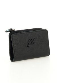 Portefeuille en cuir texturé noir avec le logo "Gab" embossé et un compartiment zippé avec une petite languette ronde.