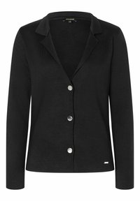 Schwarze Strickjacke mit Reverskragen, langen Ärmeln und einer Fünf-Knopf-Verschluss mit silbernen Akzenten. Leichte Textur und taillierte Passform.