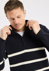 Pull en tricot côtelé bleu marine avec des rayures horizontales blanches, doté d'un col à moitié zippé et de manches longues. Tissu doux avec un motif texturé.