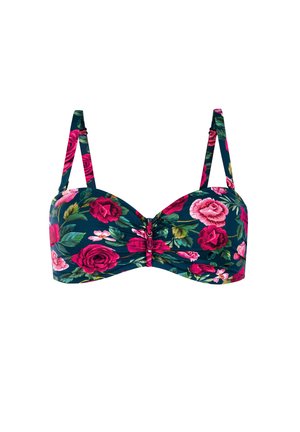 Górna część bikini w kwiatowy wzór z ciemnoniebieskim tłem, różowymi i czerwonymi różami, z regulowanymi ramiączkami i centralnym ozdobnym węzłem.