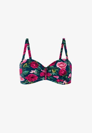 Górna część bikini w kwiatowy wzór z ciemnoniebieskim tłem, różowymi i czerwonymi różami, z regulowanymi ramiączkami i centralnym ozdobnym węzłem.