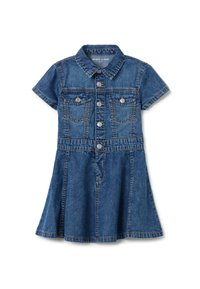 Robe en denim avec des manches courtes, un col et une patte de boutonnage sur le devant. Elle possède deux poches poitrine et une jupe évasée, le tout dans un bleu moyen.