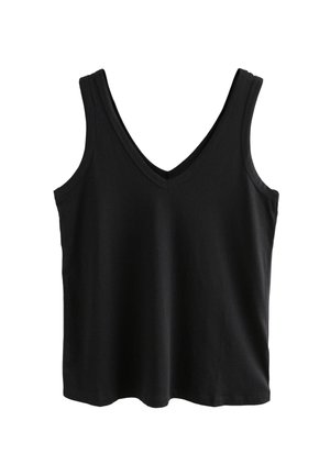 Maiou negru fără mâneci, cu bretele late și decolteu în V, realizat dintr-un material neted, afișat pe un fundal simplu alb.