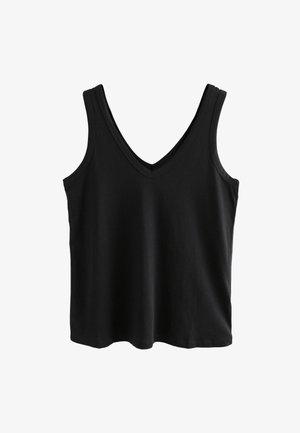 Czarny bezrękawnik z szerokimi ramiączkami i dekoltem w kształcie litery V, wykonany z gładkiej tkaniny, prezentowany na jednolitym białym tle.