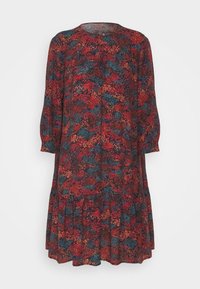 Robe à manches longues avec encolure ronde et ourlet évasé, présentant un motif floral dense en tons rouges, bleus et oranges sur un fond sombre.