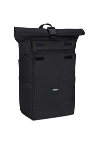 Zaino roll-top nero realizzato in tessuto resistente. Presenta una tasca frontale con zip, due tasche laterali e dettagli in Velcro. Forma rettangolare.