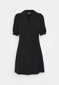 Schwarzes Kurzarmkleid mit Kragen, Knopfleiste und ausgestellter A-Linie. Hergestellt aus einem glatten Stoff mit leichtem Glanz.