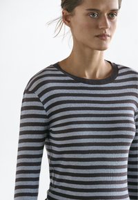Striped long-sleeve top with light blue and dark brown horizontal lines, ribbed texture, round neckline, fitted silhouette, and soft fabric.