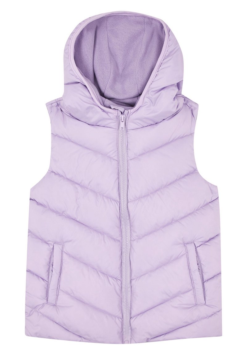 Helllila ärmellose Steppjacke mit Kapuze, Frontreißverschluss und zwei seitlichen Taschen, entworfen für Wärme und lässige Freizeitkleidung.