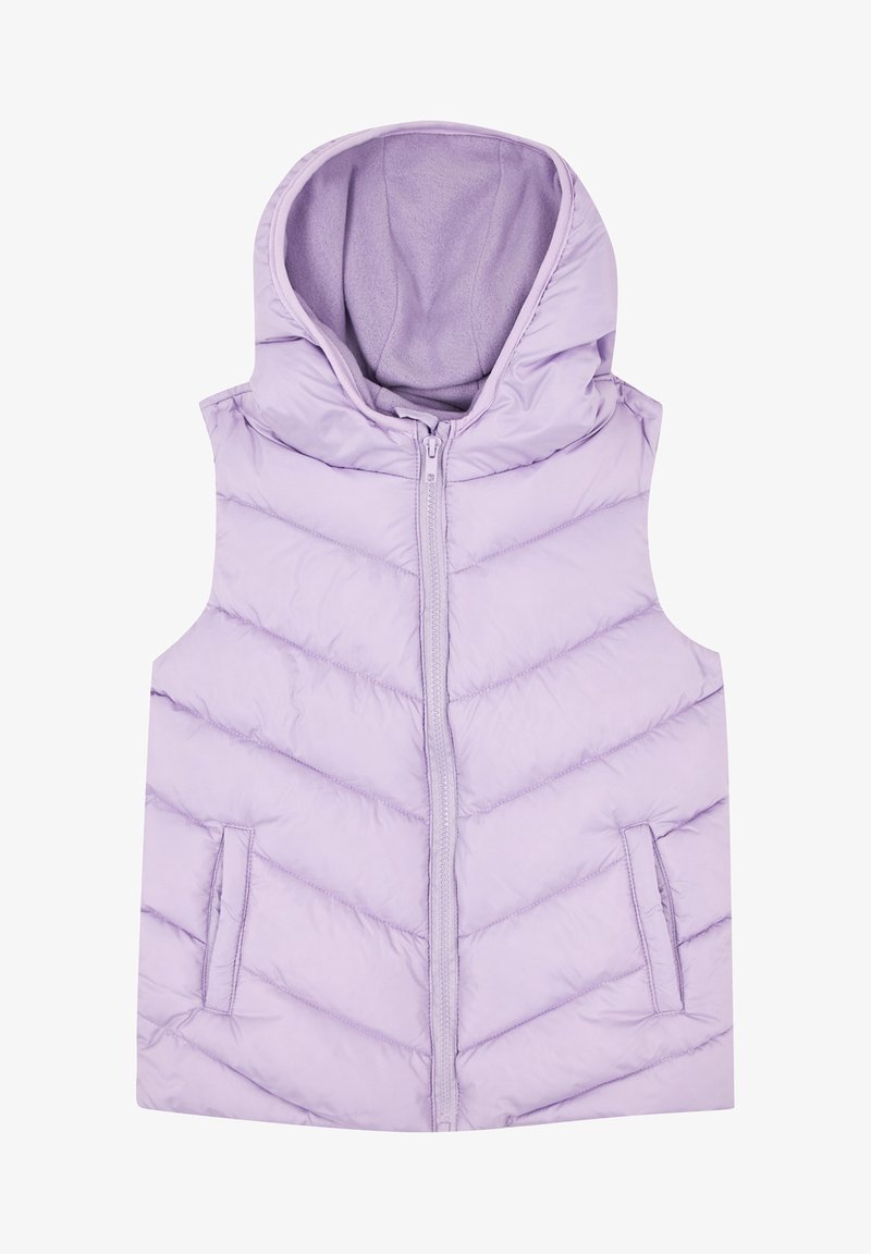 Helllila ärmellose Steppjacke mit Kapuze, Frontreißverschluss und zwei seitlichen Taschen, entworfen für Wärme und lässige Freizeitkleidung.
