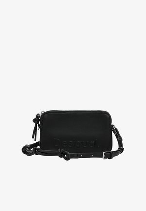 Black leather crossbody bag with embossed "Desigual" logo, zip closure, adjustable strap, and textured surface. Compact rectangular shape.