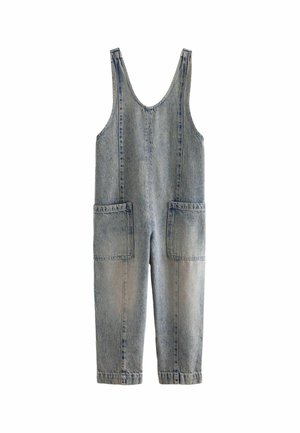 Pantalones de mezclilla en azul claro con un acabado desgastado. Cuenta con tirantes, dos bolsillos frontales y piernas anchas a la altura de la pantorrilla.