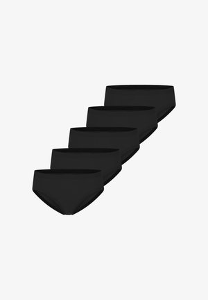 Fünf identische schwarze Hipster-Damenslips, diagonal auf weißem Hintergrund angeordnet.