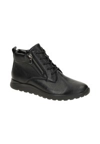 Les bottes noires en cuir montantes présentent une surface texturée, un laçage à l'avant et une fermeture éclair sur le côté. La semelle en caoutchouc offre adhérence et stabilité.