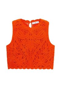 Oranges Spitzen-Crop-Top mit aufwendigen Blumenmustern, gewellten Kanten und einem Schlüssel-ausschnitt hinten. Leichtes, strukturiertes Material.