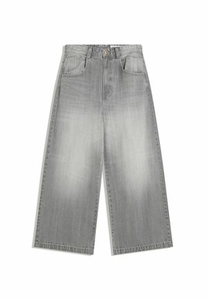 Gray denim wide-leg jeans with a faded finish, featuring a button closure, belt loops, and two front pockets.