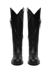 Czarne skórzane botki do kolan z wysmukłym, falistym wykończeniem, bocznymi zamkami błyskawicznymi i płaską podeszwą. Gładka faktura z minimalnymi akcentami.
