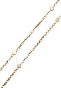 Guld-behandlet kædede halskæde med cirkulære led, der har dekorative runde accenter og to funkende krystalelementer. Glat metalfinish.