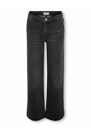 Jeans noirs à jambes larges avec fermeture à bouton et zip à l'avant, passants de ceinture et détails de délavage subtils, présentés sur un fond blanc.