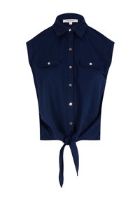 Chemise sans manches bleu marine à boutons avec col, deux poches poitrine à boutons et un nœud noué à l'ourlet.