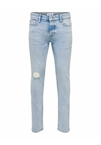 Light blue denim jeans with a slim fit, featuring a ripped knee detail and subtle fading throughout. Standard five-pocket design.