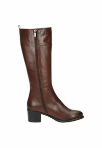 Botte en cuir marron haute jusqu'au genou avec une fermeture à glissière sur le côté, un talon carré et une texture lisse. Présente de subtils accents de couture pour le détail.
