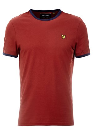 Heren T-shirt in roestbruin met een marineblauwe kraag en mouwranden, voorzien van een klein geel vogel-logo op de linkerborst.