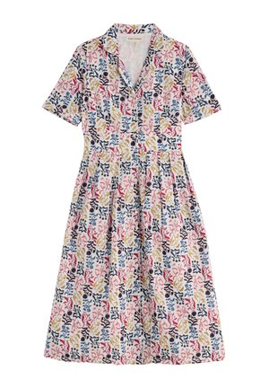 Rövid ujjú midi ruha galléros nyakkivágással és színes virágmintával, amely piros, kék, sárga és fekete színekből áll, fehér alapon.