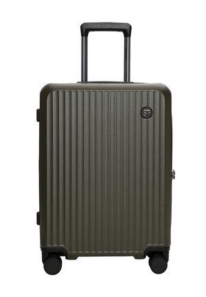 Compact green suitcase with a ribbed texture, retractable handle, and four black wheels for mobility. Zipper closure on one side.