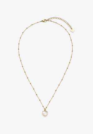 Goldkette mit einer Kette aus kleinen, runden Perlen. Sie verfügt über einen herzförmigen Anhänger mit glänzender Oberfläche und einen filigranen Verschluss.
