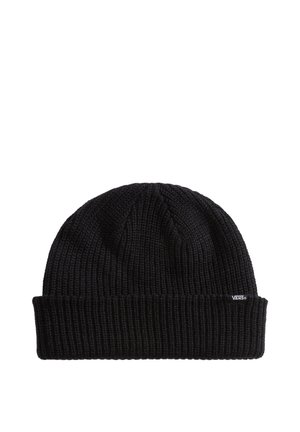 Black ribbed knit beanie with folded cuff and small Vans logo tag on the cuff's side.