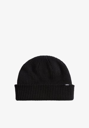 Czarna, ribbowa czapka beanie z podwiniętym brzegiem i małą metką z logo Vans na boku brzegu.