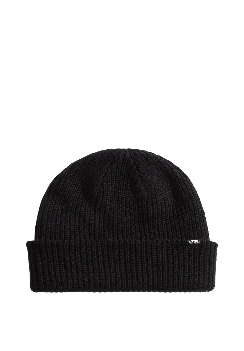 Zwarte geribbelde gebreide beanie met omgeslagen rand en klein Vans logo label aan de zijkant van de rand.