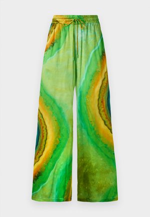 Green and yellow patterned wide-leg pants with an elastic waistband and drawstring. Smooth fabric with a fluid, abstract design.