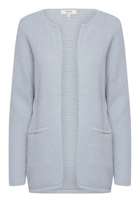 Light blue knitted cardigan with an open front, textured fabric, two front pockets, and long sleeves, featuring a relaxed fit and ribbed cuffs.